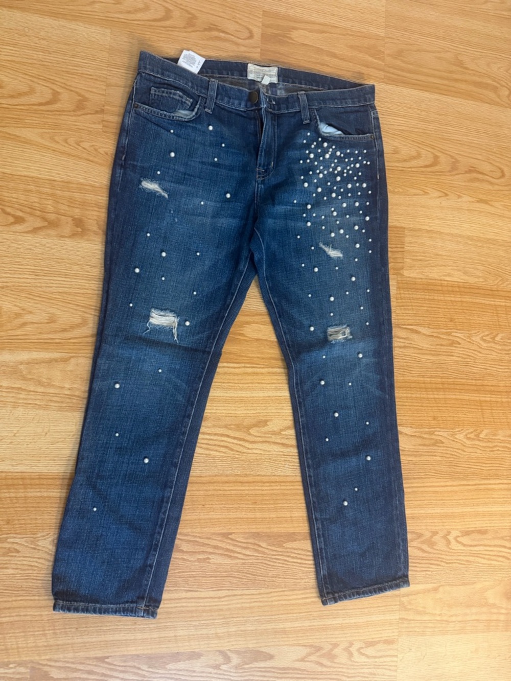 Current/Elliott Dark Blue Pearl-Embellished Boyfriend Jeans